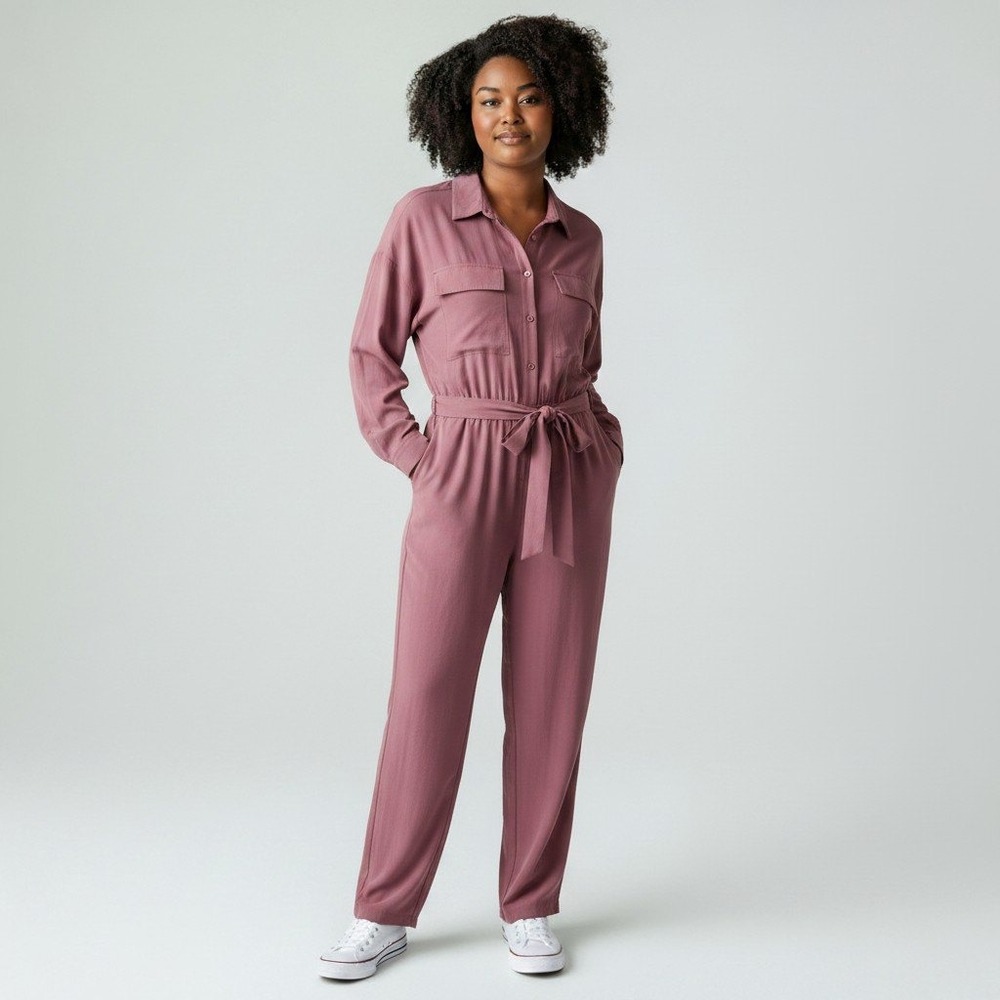 New Nine West Women Jumpsuit XL Mauve Utility Long Sleeve Tie Waist Chic Work